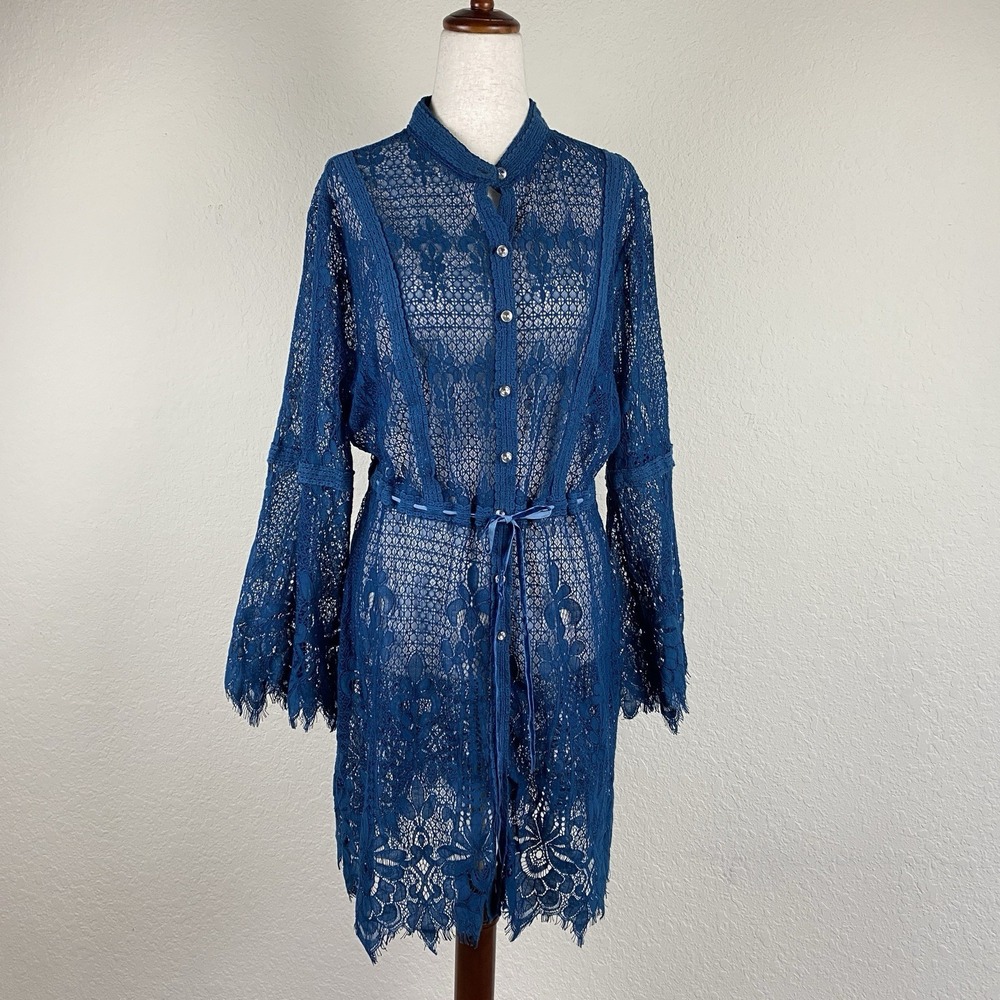 Vtg Colleen L Blue Lace Cardigan Flared Sleeve Witchy Boho Fairy Sheer Duster